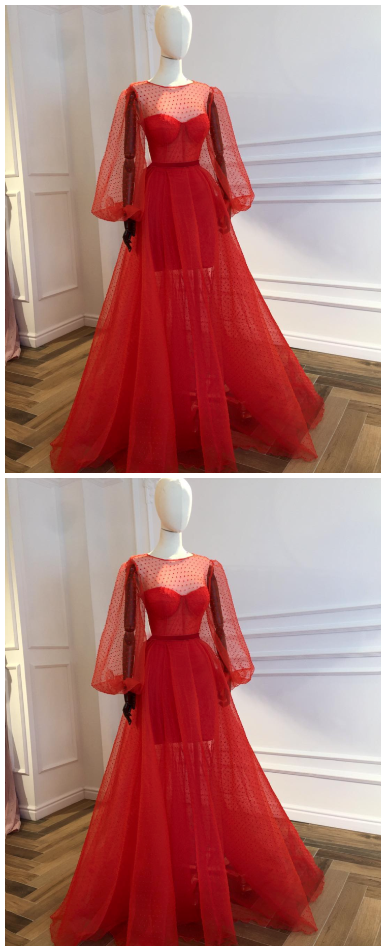High Quality Charming O Neckline,sexy Long Puff Sleeves , A-line Prom Dress , Floor Length