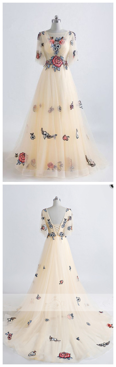 Champagne Floral Print Lace Appliques Floor Length Prom Dress