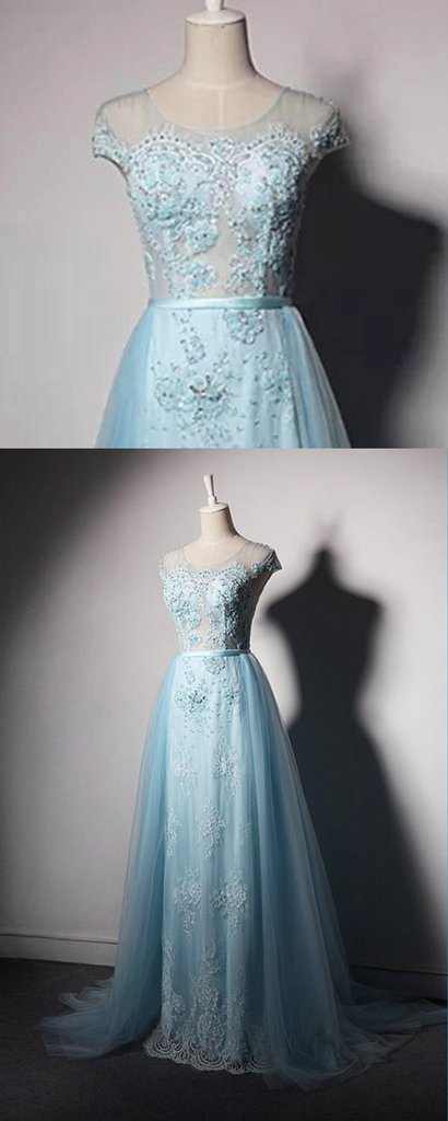 Sky Blue Tulle Long Cap Sleeve Evening Dress With Removable Skirt, Long Tulle Formal Prom Dress