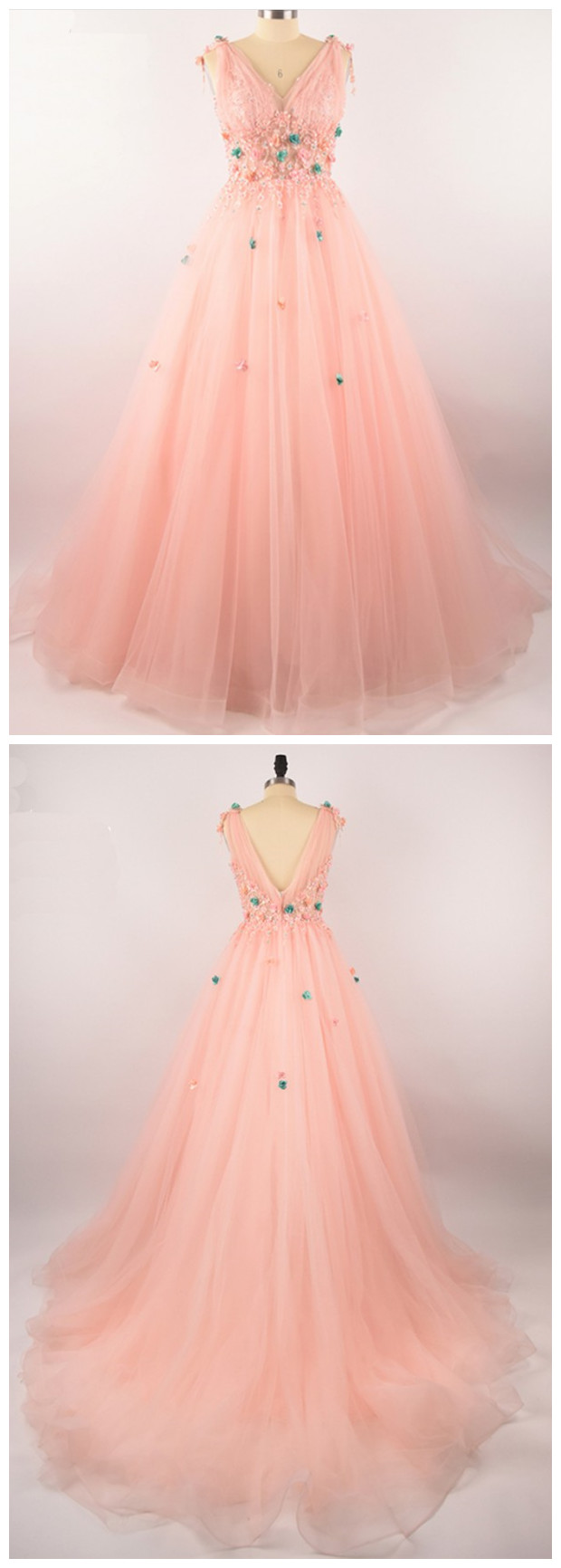 Pink Tulle Long Prom Dress,v Nekc Evening Gowns ,floor Length Evening Dress, Flower Applique Party Gowns
