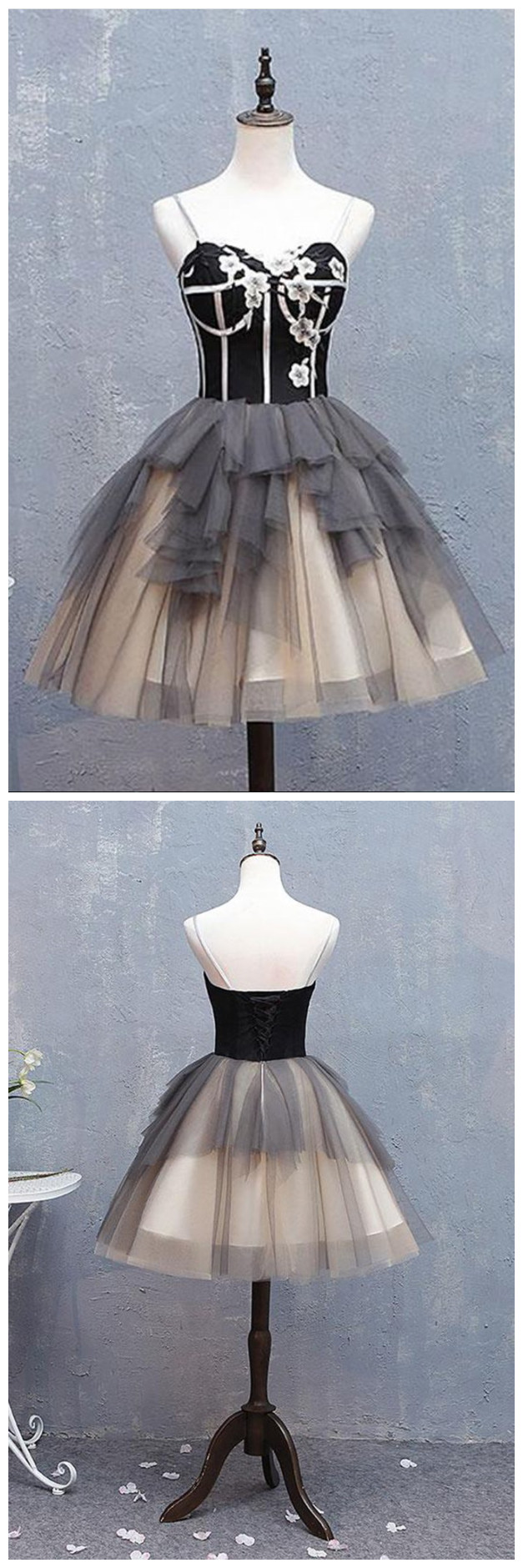 Sweetheart neck gray tulle homecoming dress short ruffles prom dress, party dress with applique