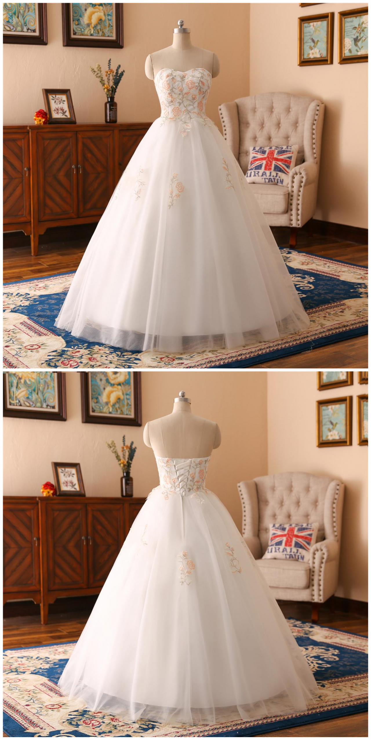 A-line Flower Lace Applique Wedding Dress ,sexy Sweetheart Neck Wedding Dress , Luxury Beading Sleeveless Wedding Dress, Floor Length Bridal