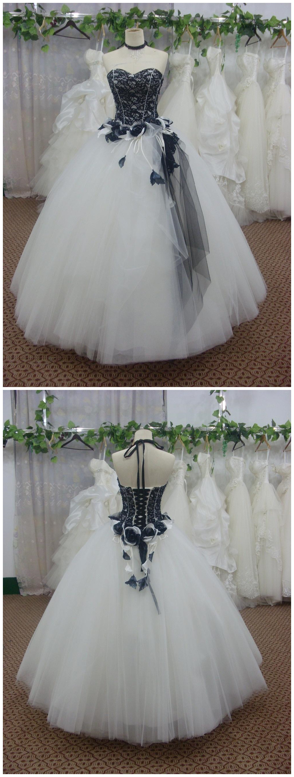 Wedding Dresses Strapless Black White Lace Floor Length Ball Gown Long Bridal Gown Vestido De Novia Custom Size For Formal Occasion