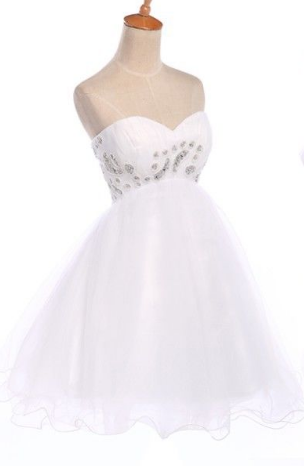 Fashion White Strapless Knee Length Beadeed Prom Dresses Evening Dress Bridesmaid Dresses Custom Made