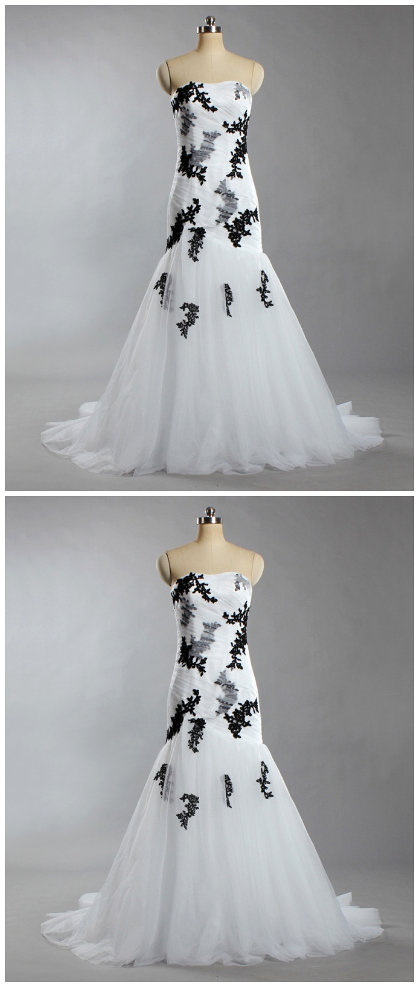 Women's Strapless Flowers Tulle Ball Gown White And Black Wedding Dresses For Bride