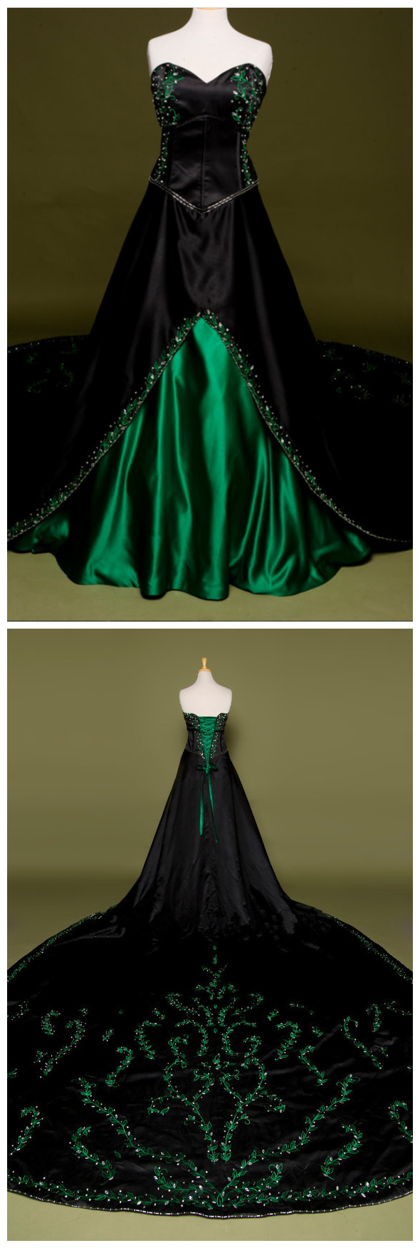 Gothic Victorian Black Wedding Dress With Green Embroidery Long Stain Bridal Gown Lace Up Back Vestidos De Noiva