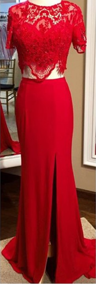 Custom Made Charming Red Two Pieces Prom Dresses, Red Lace Beading Prom Dress,sexy Side Slit Prom Dress,bridesmaid Dresses,formal Dresses,wedding