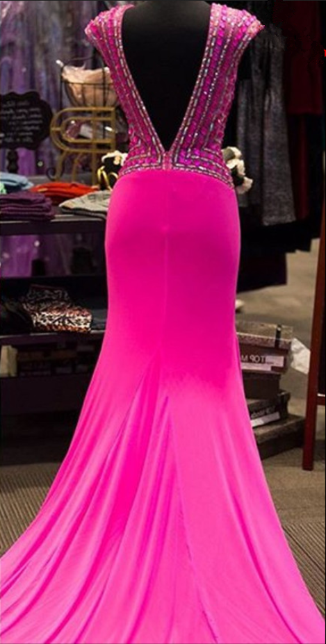 Prom Dresses, Custom Made High Quality Prom Dress, Rosy Prom Dress,v-neck Prom Dress,backless Prom Dress,crystals Prom Dress