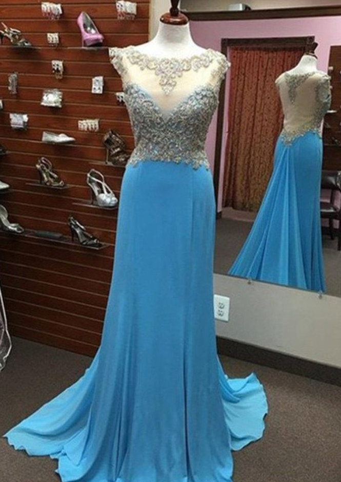 Bright Blue Lace Applique Long Chiffon Prom Dress