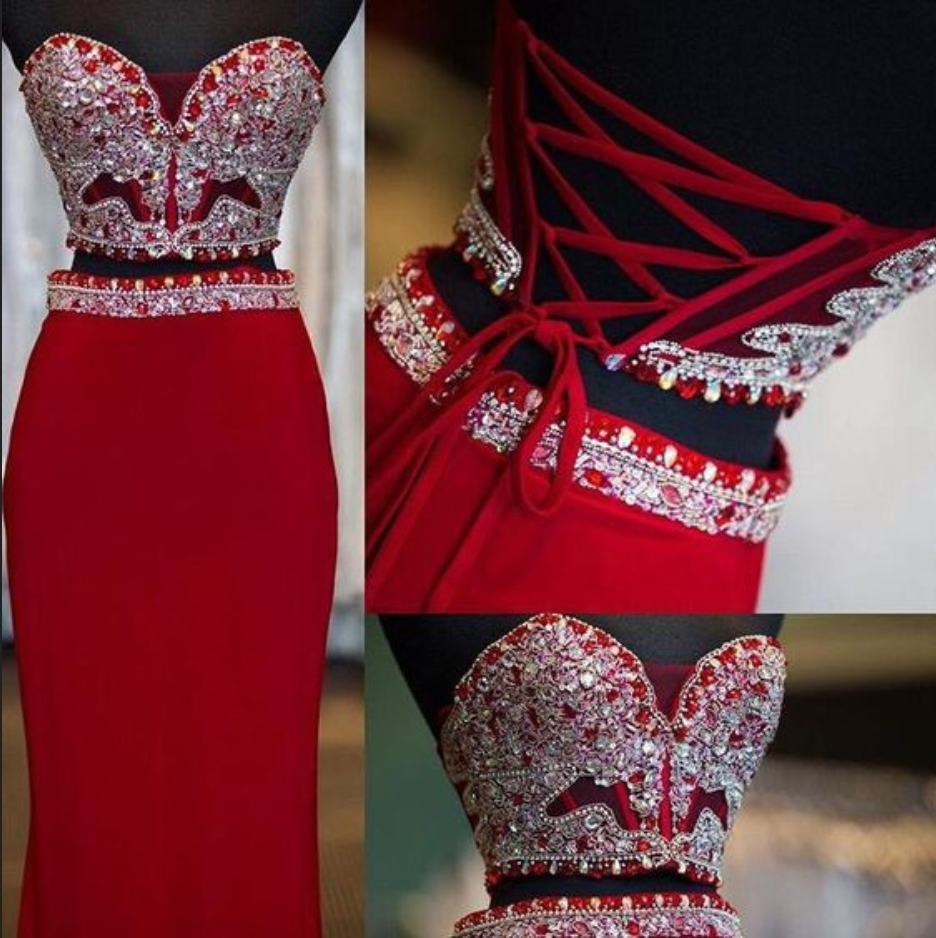 Long Prom Dresses,red Evening Gowns,2 Pieces Prom Gowns,red Prom Gowns,2017 Style Fashion Prom Gowns