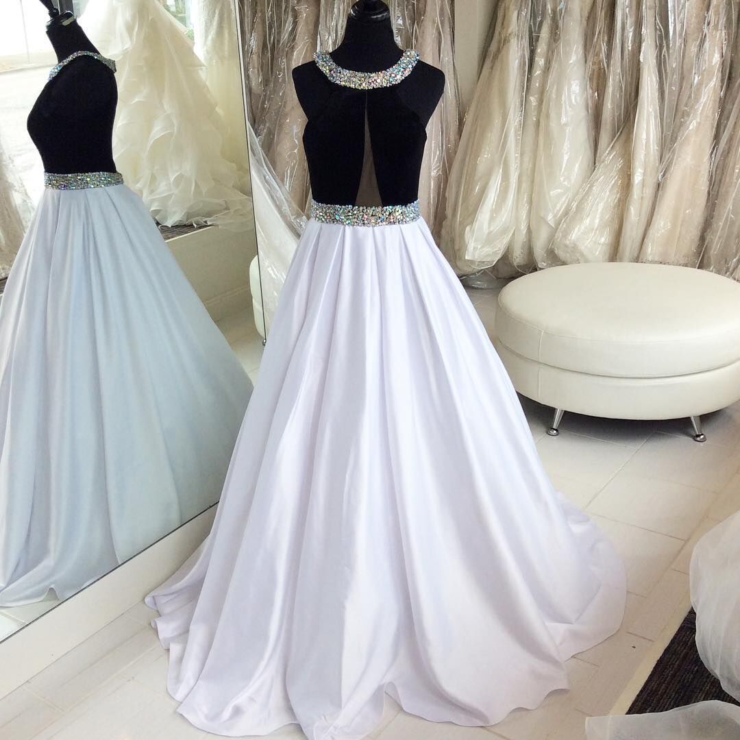 Black And White Prom Dress,satin Long Prom Dresses,evening Dresses Prom Gowns With Crystals Prom Dress