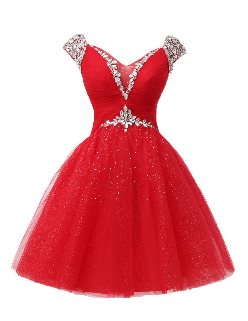 Red Graduation Cocktail Dress, Rhinestone Short Evening Dress, V Neck Crystal Tulle Mini Prom Dress, Women Party Dress, Formal Gowns