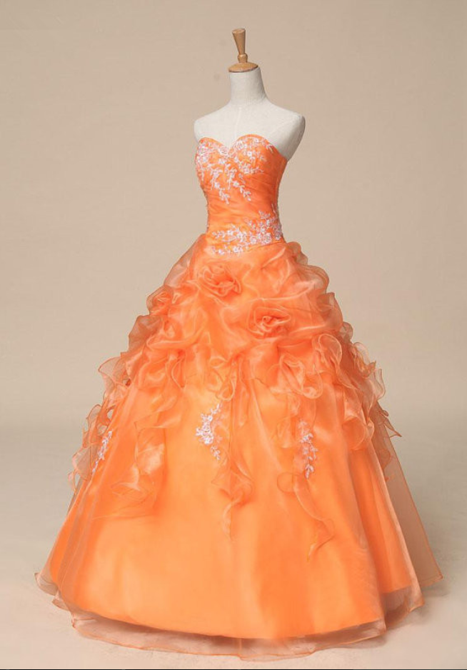 Lace Applique Orange Ball Gown Quinceanera Dress Long Evening Dress Prom Dress Custom Made Bridal Party Dress