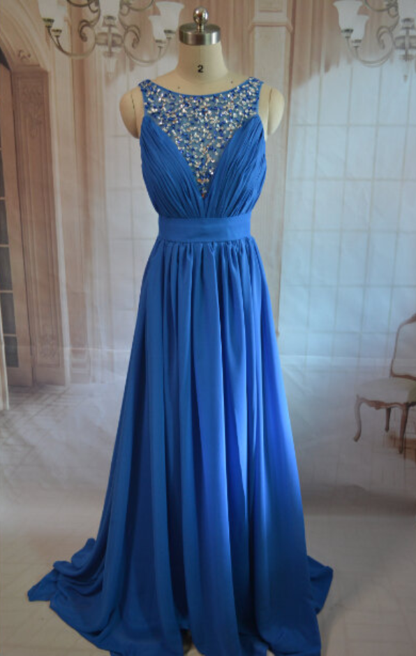 Sexy Blue A Line Prom Dresses Chiffon Beaded Evening Gowns