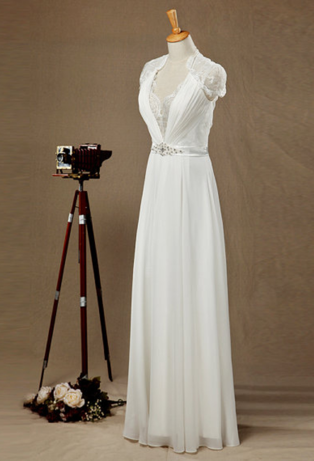 Sexy White Chiffon Cap Sleeve Formal Dresses With Deep V Neck evening