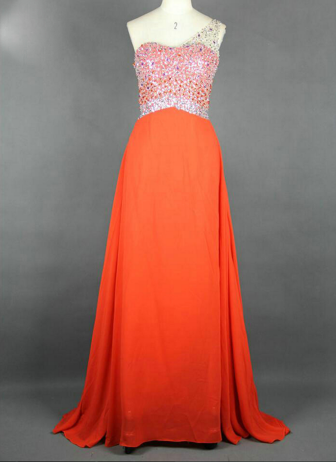 Orange Long Chiffon A Line Evening Dress Featuring Rhinestone Beaded One Shoulder And Open Back