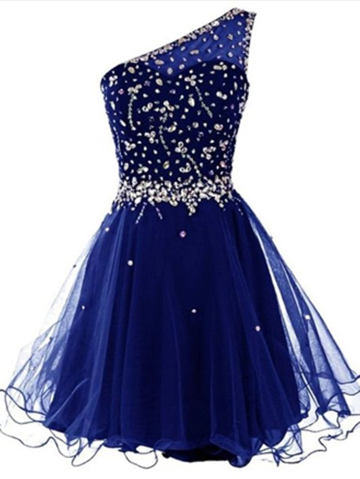 Short Prom Dress,one Shoulder Prom Dress,custom Made Prom Dress, Dark Blue Prom Dresses, Sexy Prom Dress ,organza Prom Dresses , Mini Prom