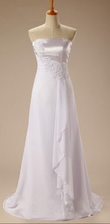 White Strapless Lace Appliqués A-line Chiffon Wedding Dress, Bridal Gown