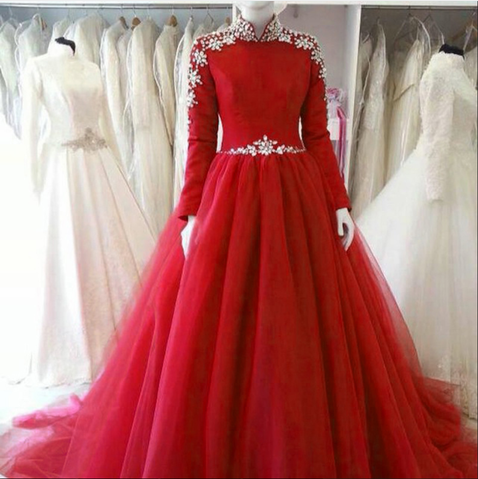 Long Sleeve Red Tulle Bridesmaid Dress,floor Length Ball Gown Hiigh Neck Bridesmaid Dresses, Long Elegant Prom Dresses Party Evening Gown