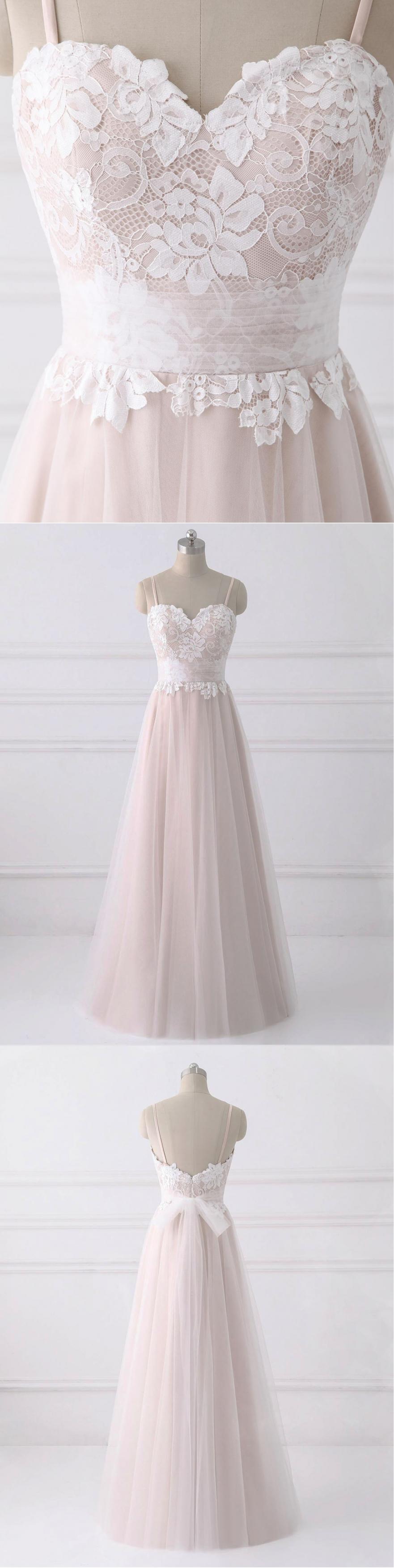 Creamy Tulle Spaghetti Straps Sweetheart Neck Lace Top Sweet 16 Prom Dresses