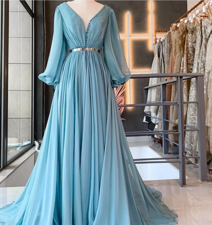 Blue Prom Dresses Long Sleeve V Neck Chiffon A Line Elegant Prom Gown Vestido De Fiesta 2021