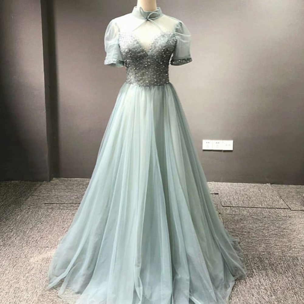 Sage Green Prom Dresses Long Vintage High Neck Short Sleeve Beaded Chiffon A Line Prom Gown Robe De Soiree 2021