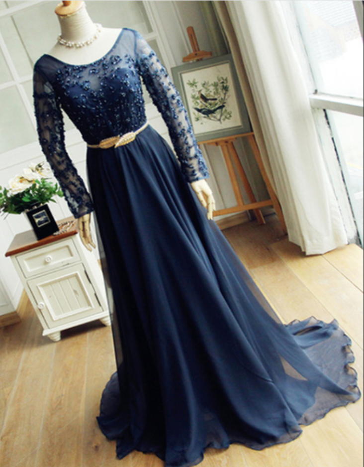 Navy Blue Scoop Neck Beaded Long Sleeves Winter Formal Prom Dress With Gold Belt