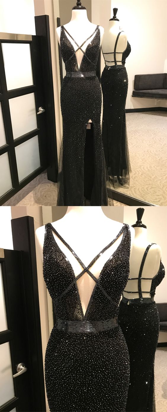 Mermaid V-neck Floor-length Black Prom Dress With Sequins Split