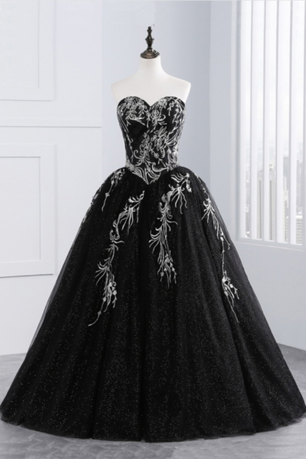 Princess Black Tulle Long Prom Gown, Strapless Long A-line Evening Dress