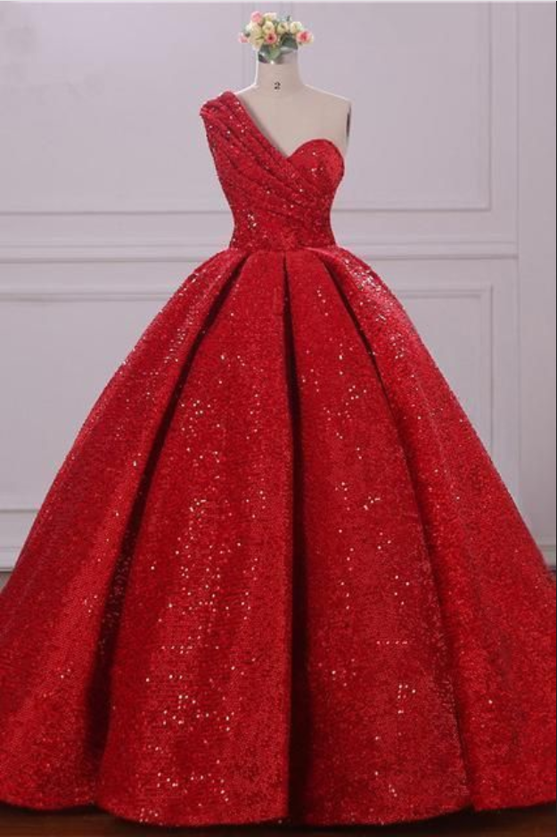 Ball Gown One Shoulder Sequins Red Sweetheart Prom Dresses,quinceanera Dresses