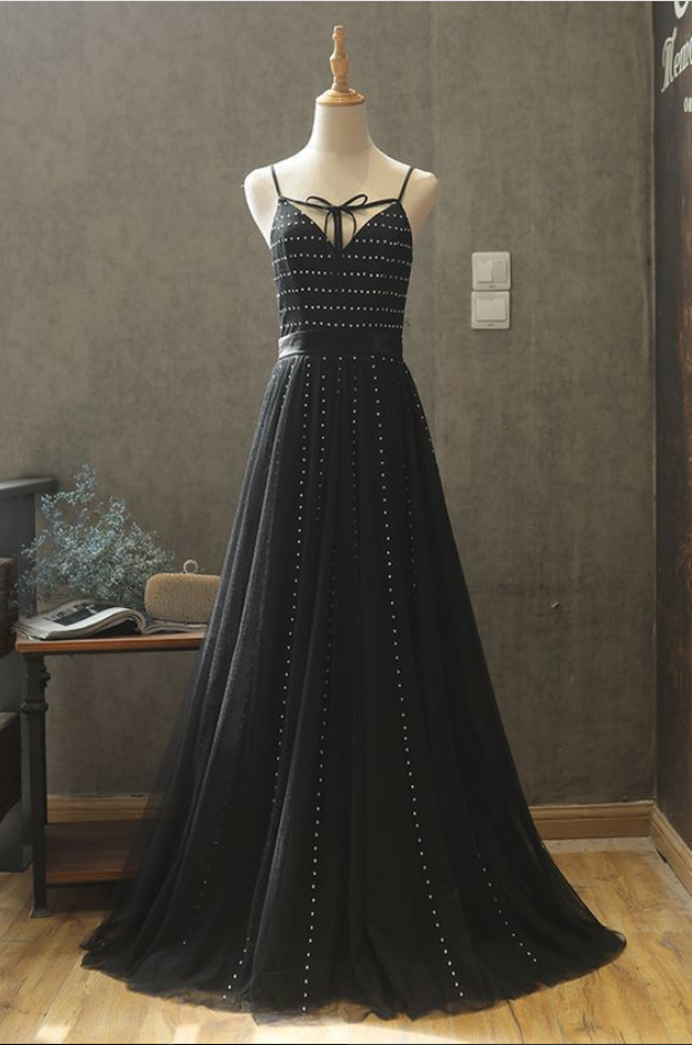 Pretty Black Tulle V Neck Long A Line Evening Dress Long Beaded Prom Dress On Luulla 3830