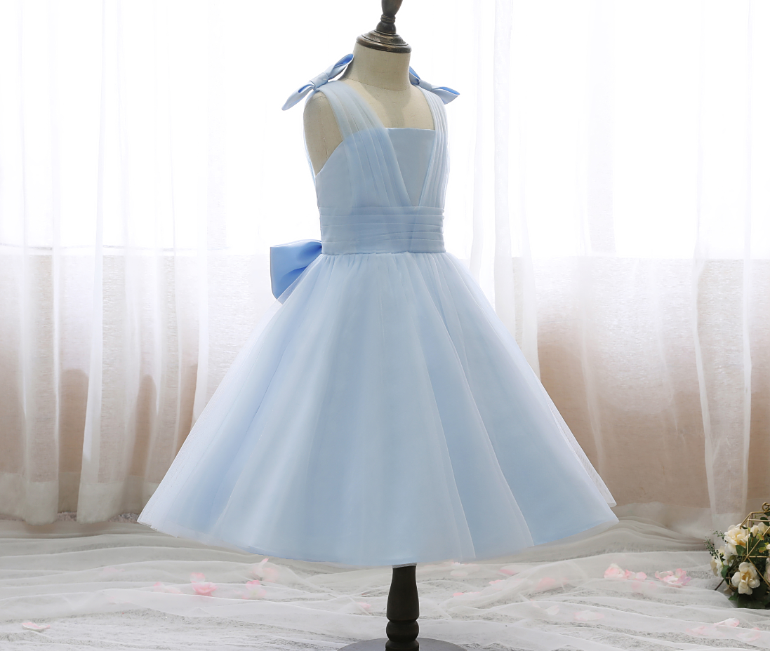 Flower Girl Dresses, 2021 Spring Summer Girl Dress Sleeveless Bow Shoulder Fluffy Dress Girls Mesh Blue Wedding Children Princess Dress Banquet
