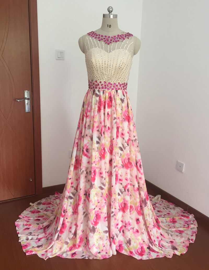 Real Picture Prom Dresses, Print Prom Dresses, Print Flowers Prom Dresses, Flower Prom Dresses, Crystal Prom Dresses, Print Evening Dresses,