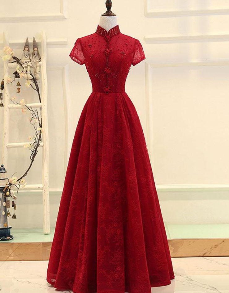 Burgundy High Low Lace Long Prom Dress, Burgundy Evening Dress