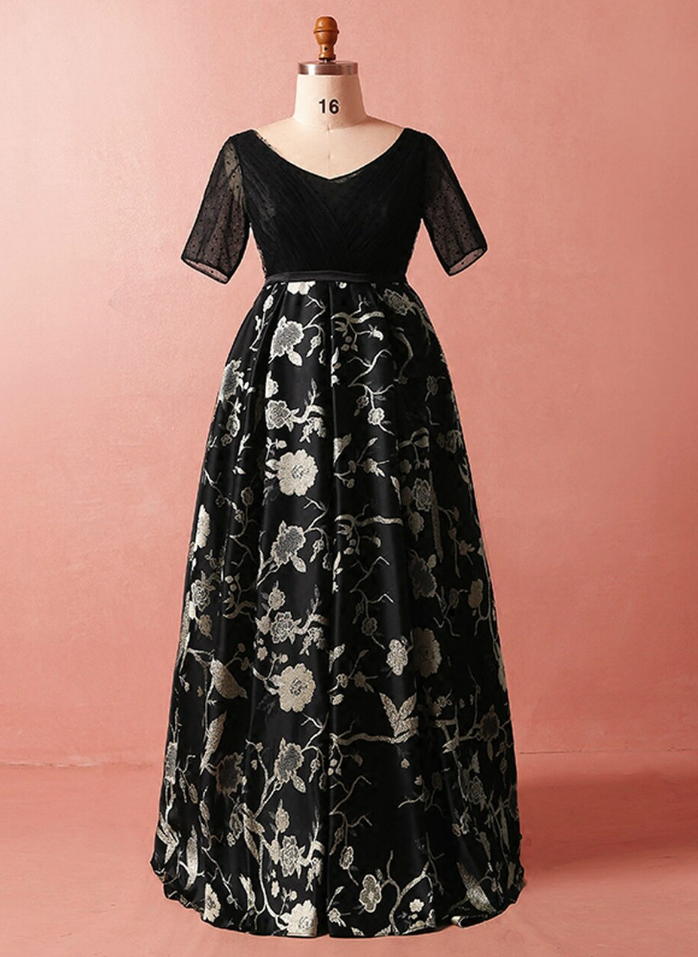 Black Print High Waist Short Sleeve Prom Dress