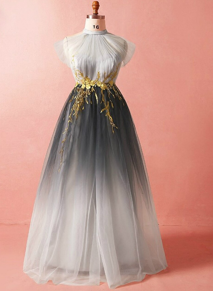 High Neck Tulle Appliques Prom Dress