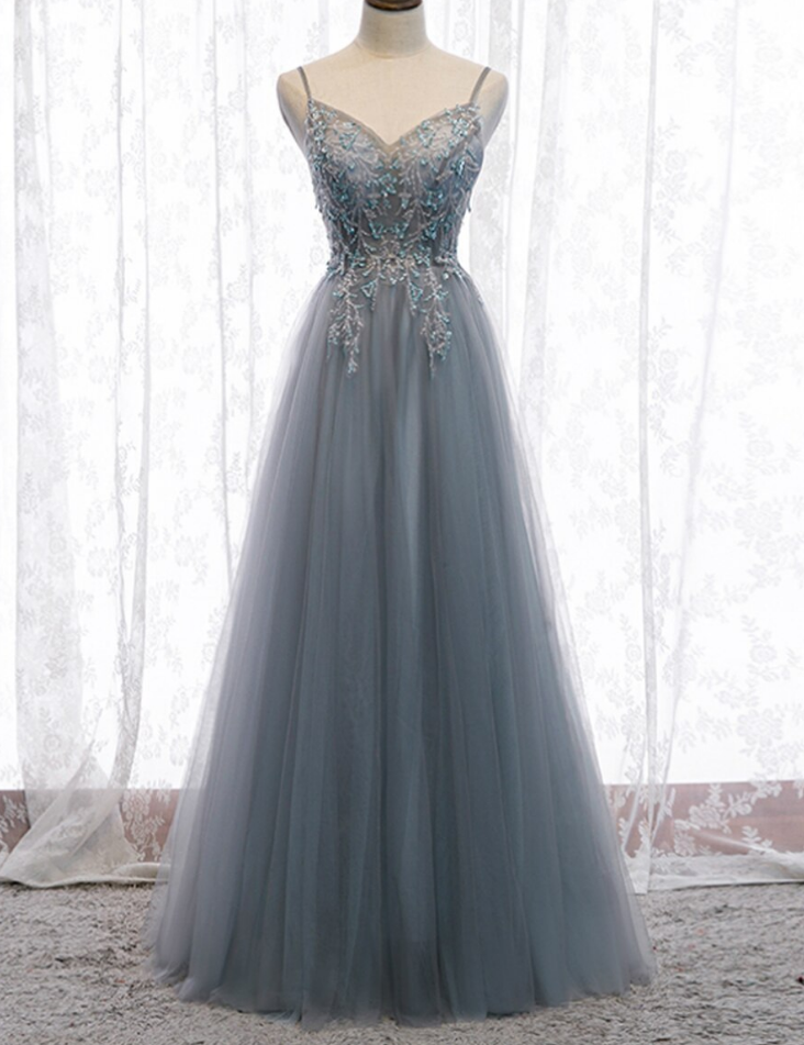 Tulle Spaghetti Straps Sequins Prom Dress