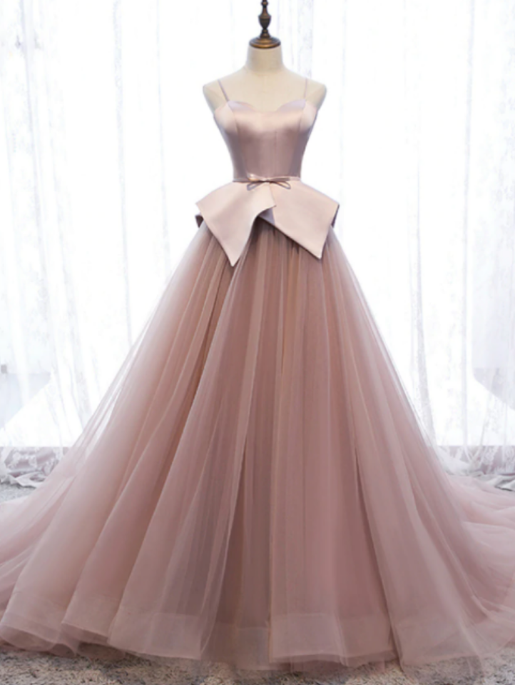 A-line Tulle Satin Spagehtti Straps Prom Dress