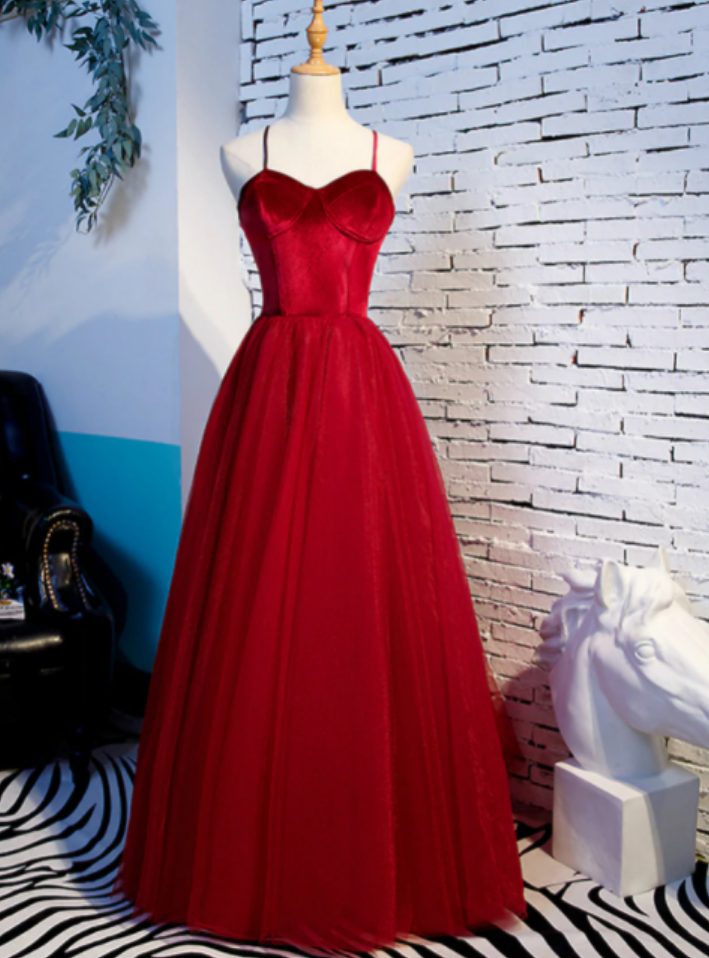 A-line Tulle Velvet Spaghetti Straps Prom Dress