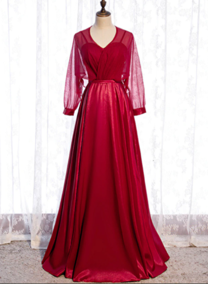 A-line Burgundy Satin Long Sleeve V-neck Prom Dress