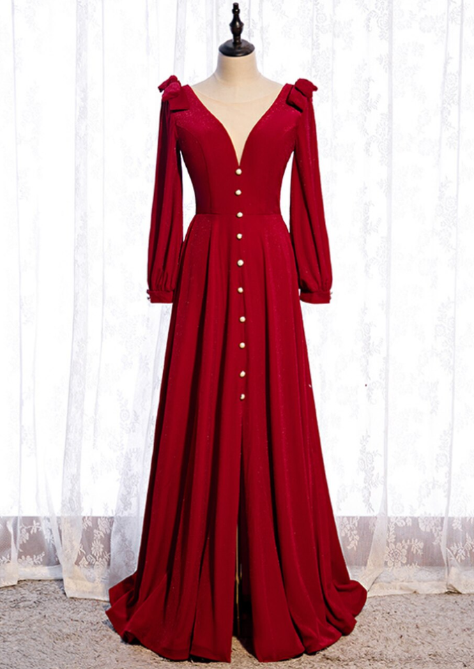 A-line Burgundy Velvet Long Sleeve Prom Dress With Split