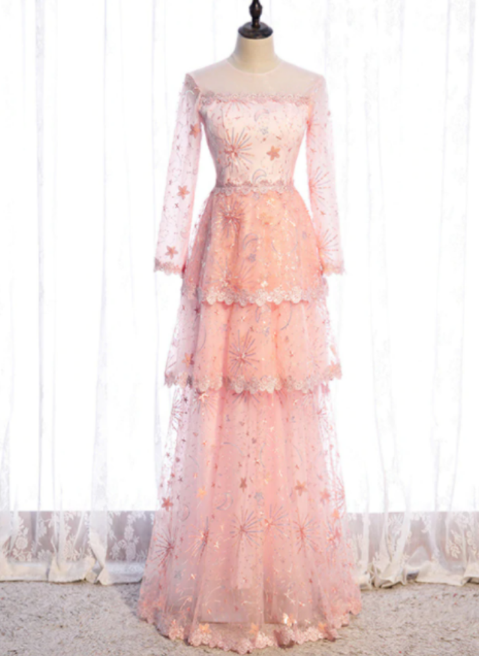 Tulle Sequins Long Sleeve Tiers Prom Dress