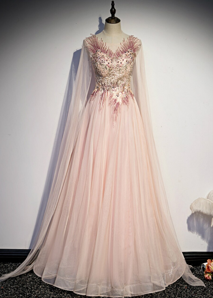 Tulle Long Sleeve Appliques Beading Prom Dress