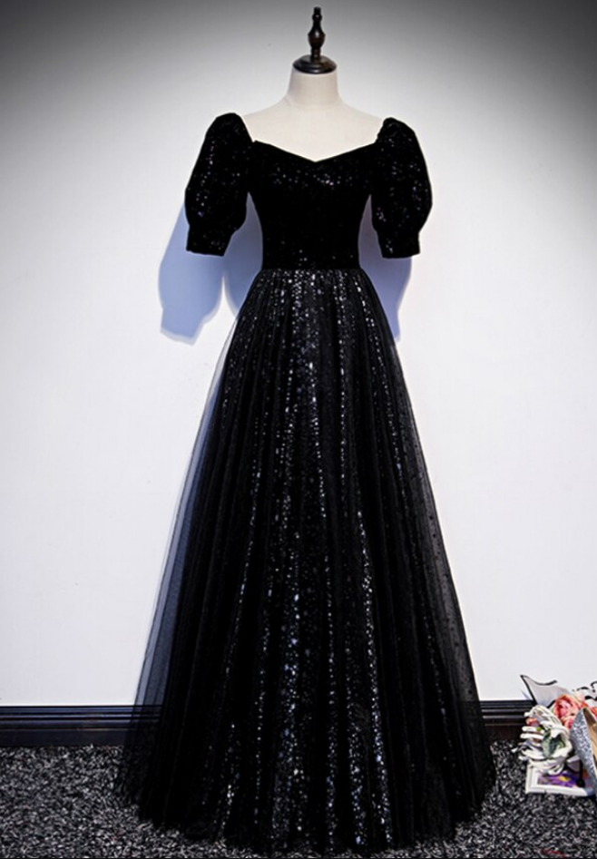 Black Tulle Sequins Square Short Sleeve Prom Dress