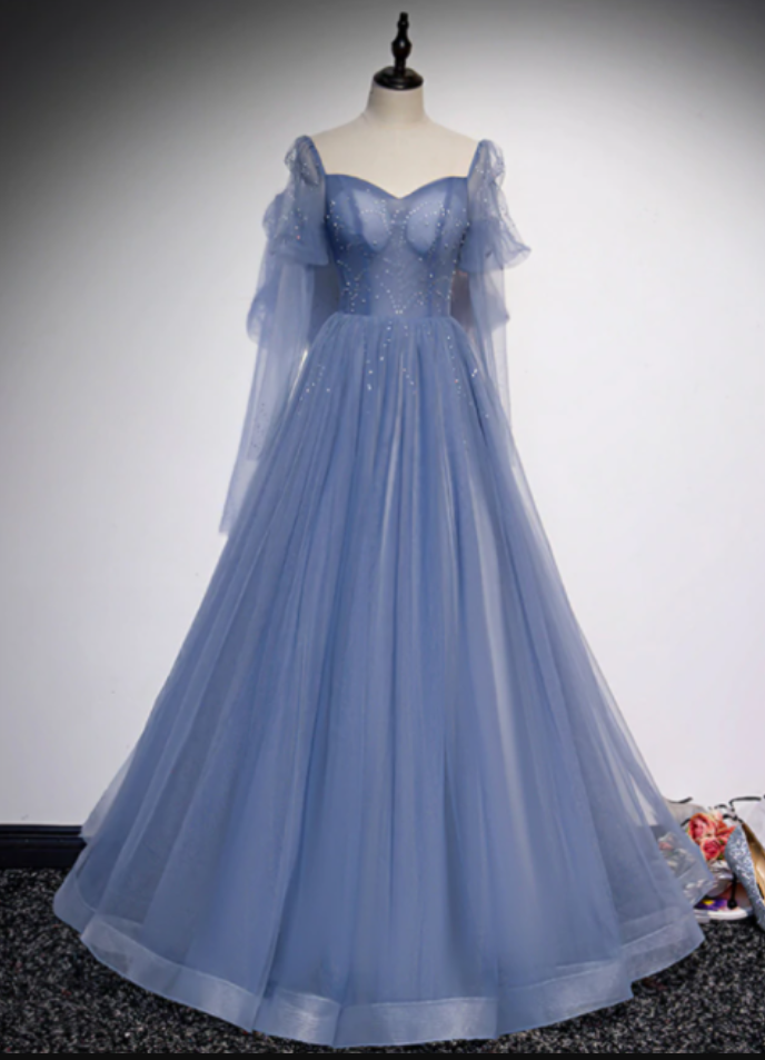 Tulle Square Long Sleeve Beading Prom Dress