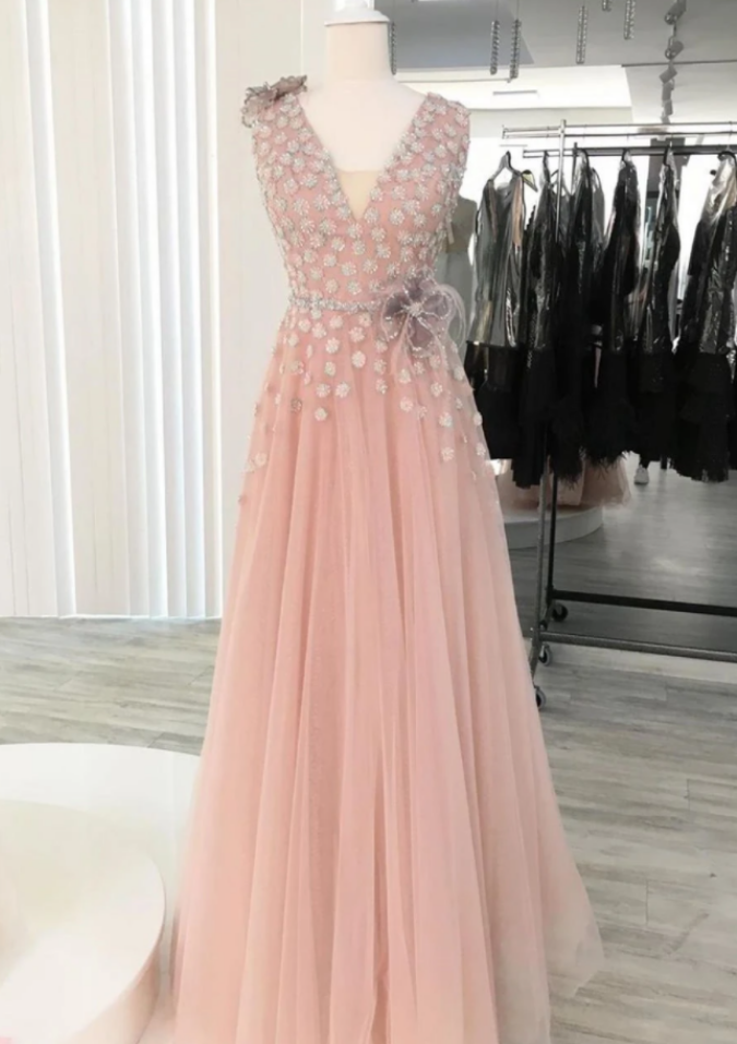 A-line V Neck Long Prom Dresses Tulle Evening Dress