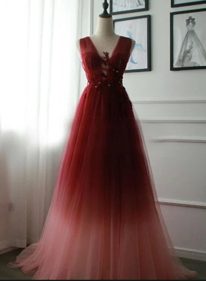A-line V Neck Long Prom Dresses Lace Evening Dress