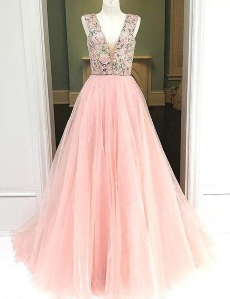 A Line V Neck Tulle Prom Dress, Evening Dress