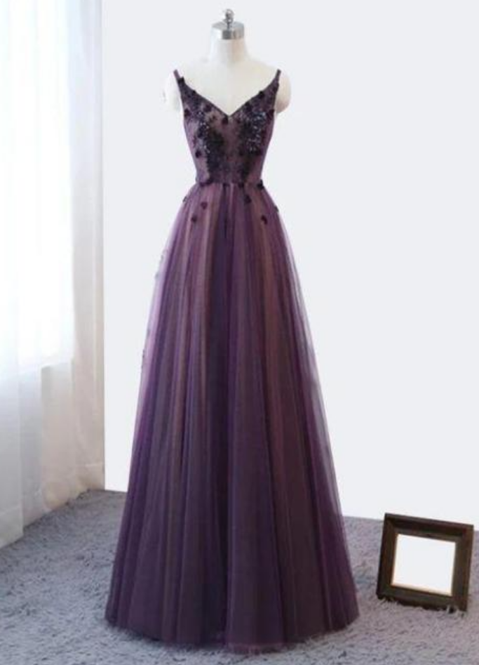 V-neckline Tulle Lace Applique Party Dress, Formal Dress Prom Dress