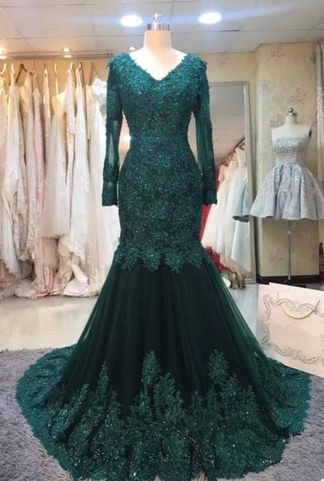 Lace Mermaid Prom Dresses Long Sleeves Evening Gown